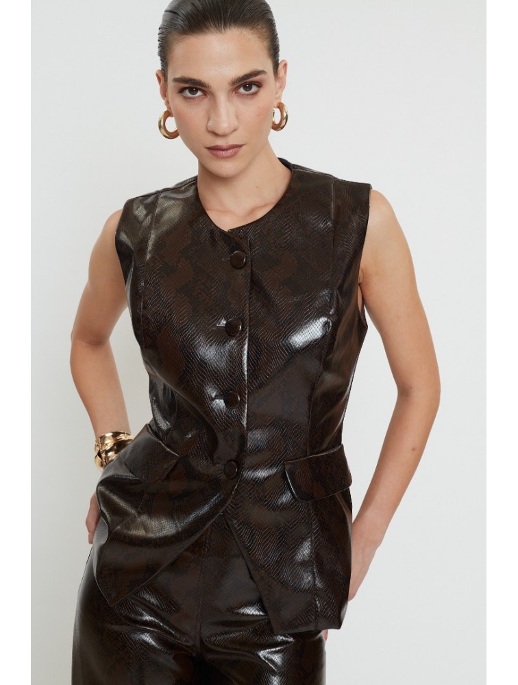 MIX AND MATCH Carina Vest Python Print Καφέ Φίδι Γιλέκο